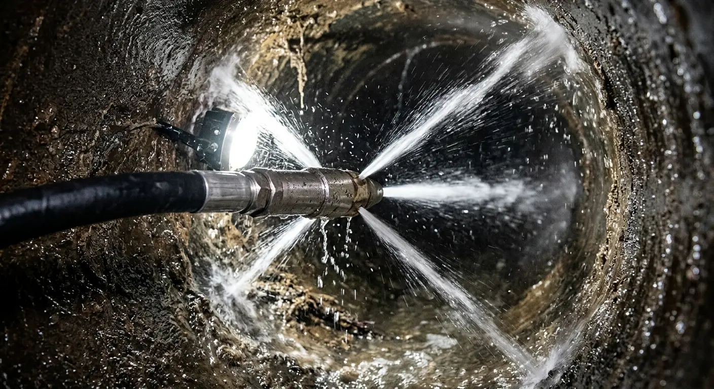 High-pressure hydro jetting nozzle cleaning sewer pipe for Sewer Cleanout in Destrehan