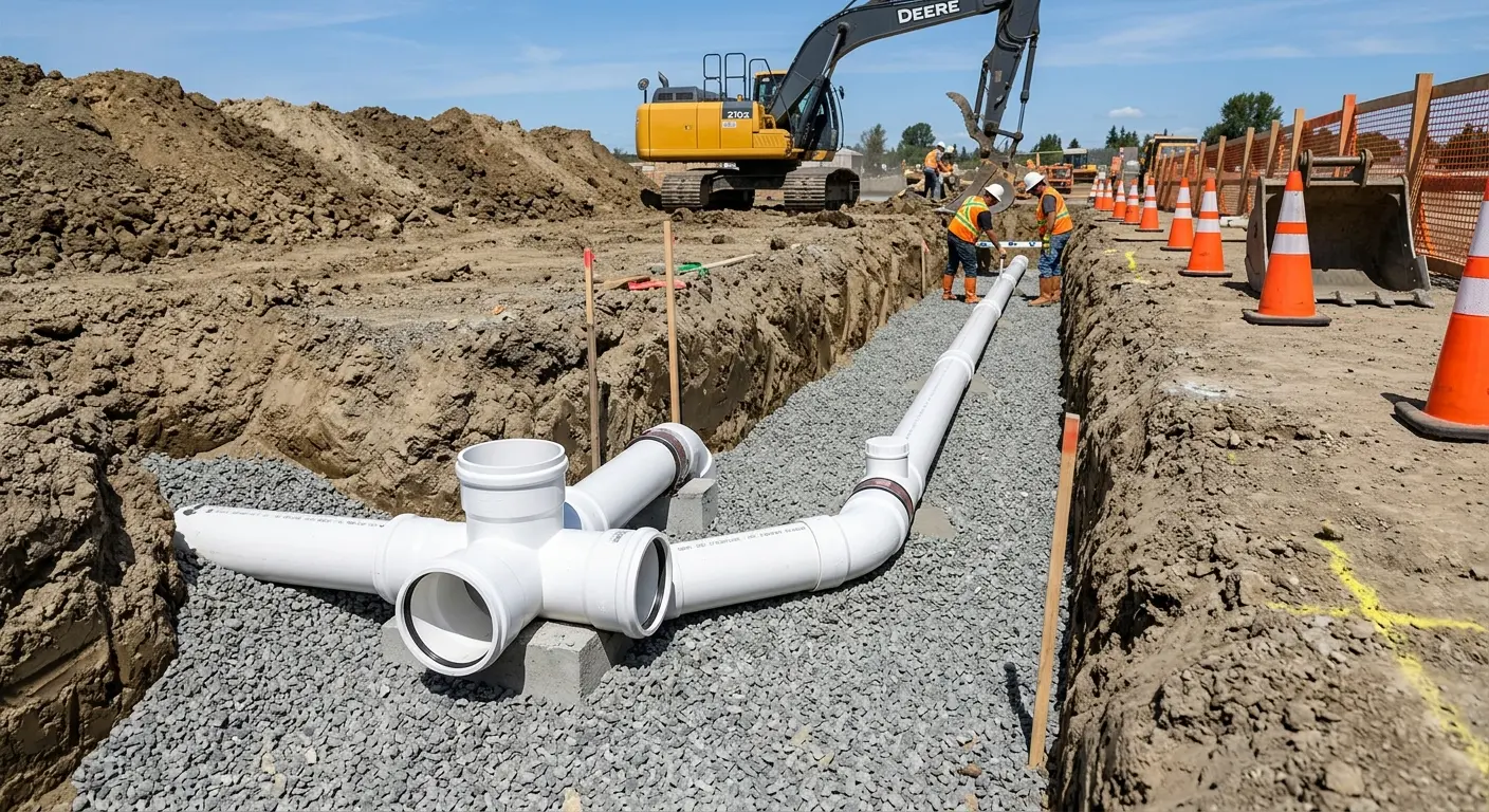 New PVC sewer pipe installation in open trench for Grease Trap Cleaning in Destrehan