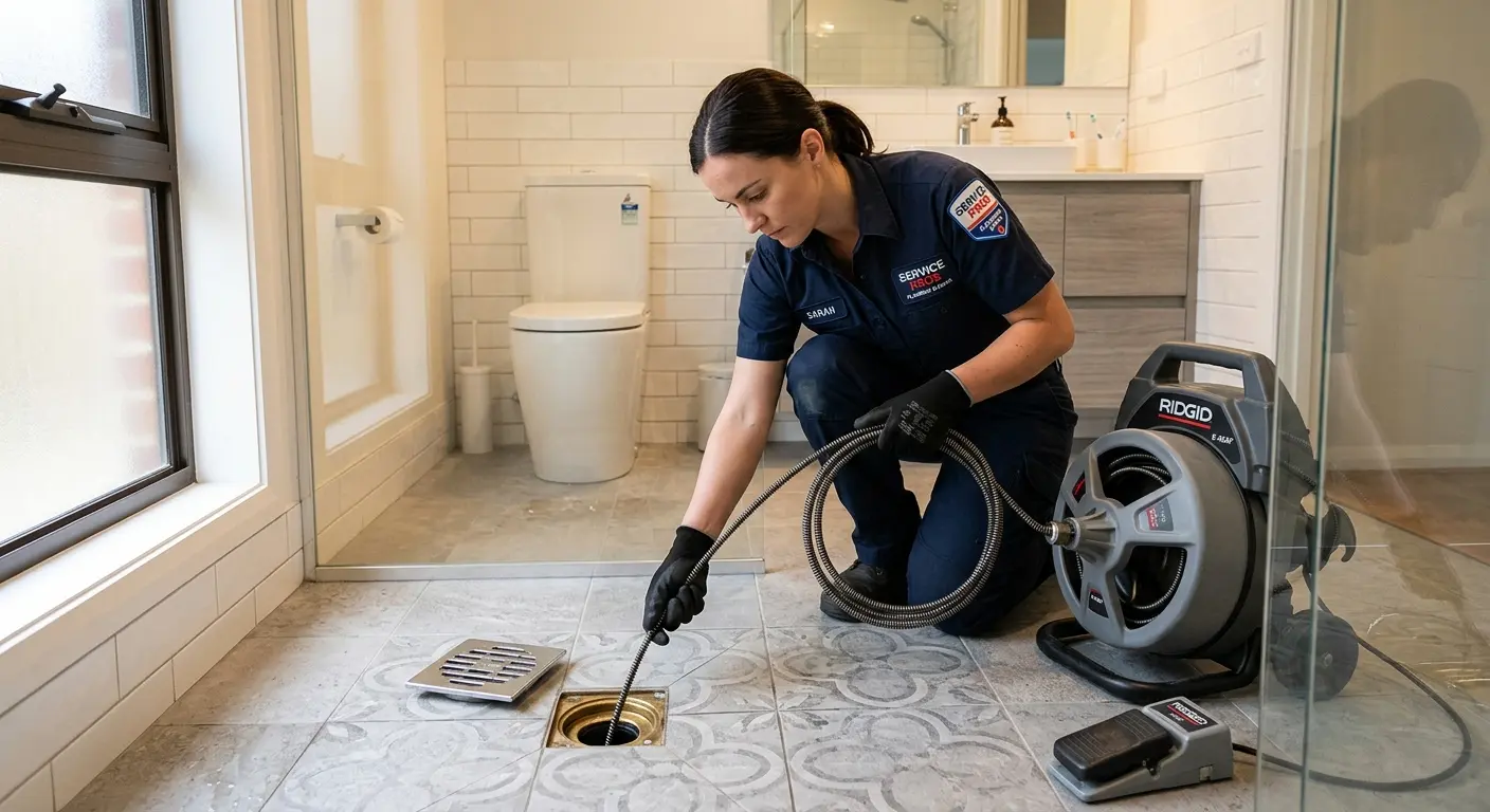 Technician clearing a bathroom floor drain for Drain Cleaning in Destrehan